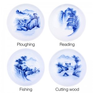 Blue and White Porcelain Cup Set-4PCS-Fishing,Cutting wood,Ploughing and Reading-A