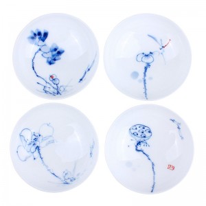 Blue and White Porcelain Cup Set-4PCS-Underglaze Red-Lotus-H