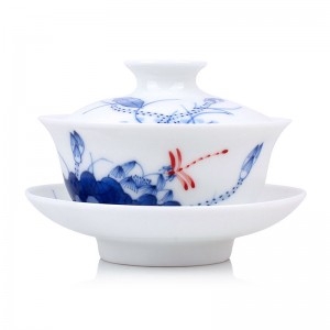 Blue and White Porcelain Gaiwan-Underglaze Red-Dragonfly on Lotus
