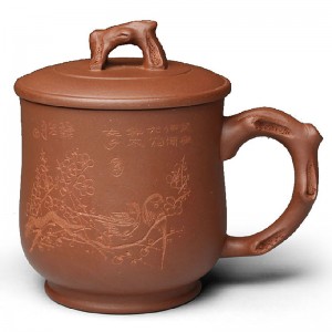 Zi Sha-Di Cao Qing Mug with Cover-Hand-carved Magpie on Branch