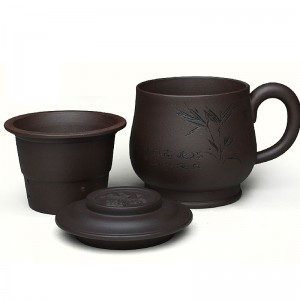 Zi Sha-Purple Clay Mug with Cover and Strainer-Hand-carved Reed