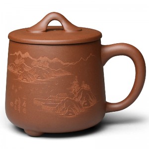 Zi Sha-Qing Shui(Pure) Clay Mug with Cover-Hand-carved Mountains by the River
