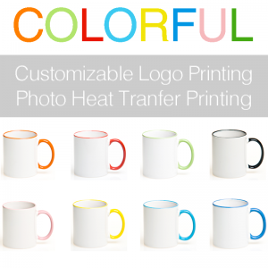 Customizable White Porcelain Mug with Colorful Edge and Handle 