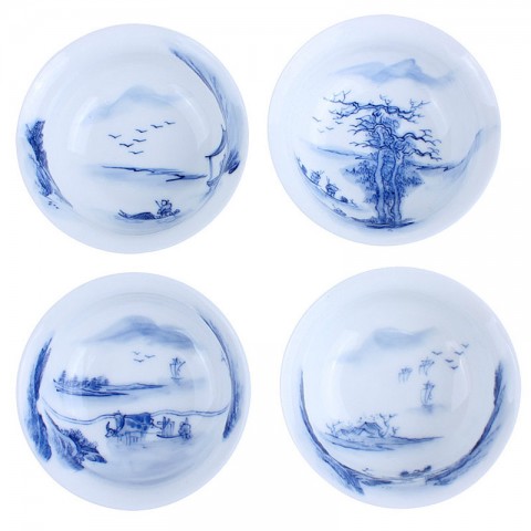 Blue and White Porcelain Cup Set-4PCS-Fishing,Cutting wood,Ploughing and Reading-B