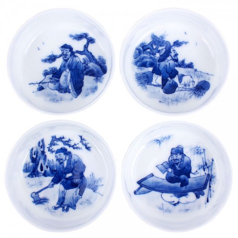 Blue and White Porcelain Cup Set-4PCS-Fishing,Cutting wood,Ploughing and Reading-D