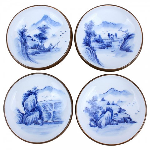 Blue and White Porcelain Cup Set-4PCS-Fishing,Cutting wood,Ploughing and Reading-E