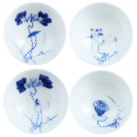 Blue and White Porcelain Cup Set-4PCS-Lotus-A