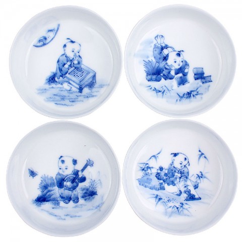 Blue and White Porcelain Cup Set-4PCS-Lute-playing,Chess,Calligraphy and Painting-A