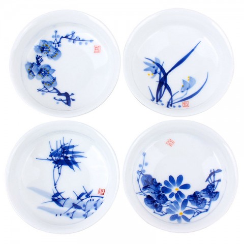 Blue and White Porcelain Cup Set-4PCS-Underglaze Red-Plum blossoms,Orchid,Bamboo and Chrysanthemum-C
