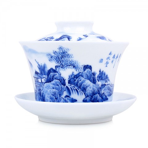 Blue and White Porcelain Gaiwan-Cliff Falls