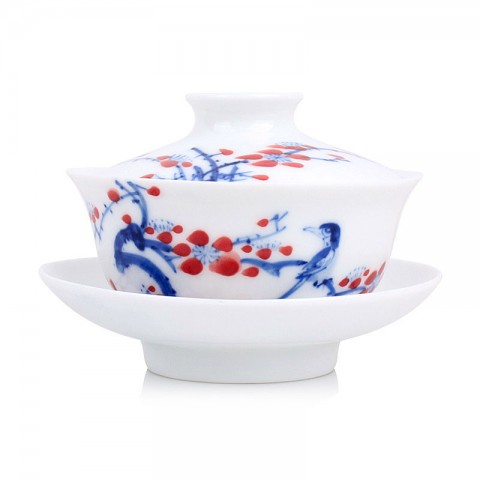 Blue and White Porcelain Gaiwan-Underglaze Red-Plum Blossom