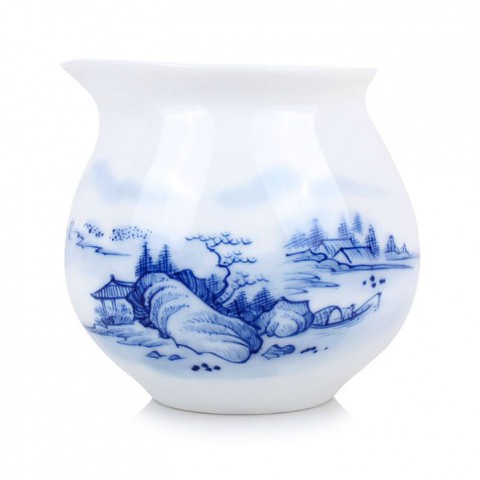 Blue and White Porcelain Serving Pitcher-Farmhouse under the Tree, Bridge on River and Hills Beyond