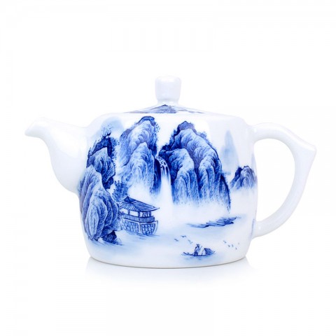 Blue and White Porcelain Tea Pot-Ancient Pavilion besides Cliff Fall
