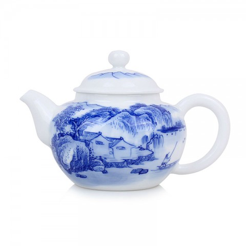Blue and White Porcelain Tea Pot-Ancient Town in the Slow Fine Rain