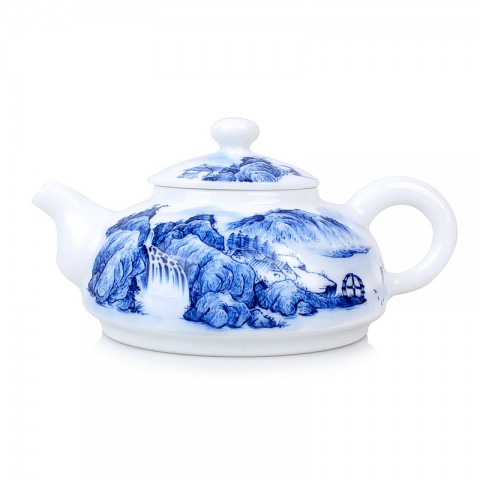 Blue and White Porcelain Tea Pot-Farmhous, Waterwheel and Hills Beyond-A