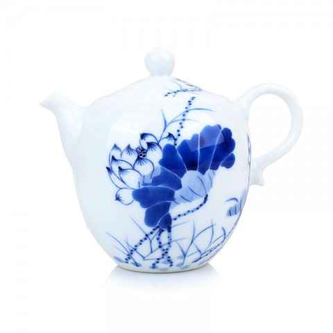 Blue and White Porcelain Tea Pot-Lotus in Full Bloom-A
