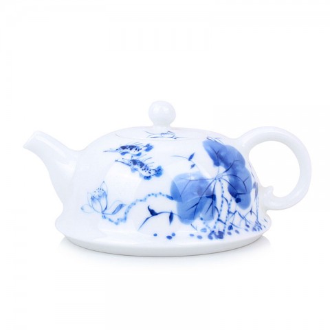 Blue and White Porcelain Tea Pot-Mandarin Fish in Lotus Pond-Wide