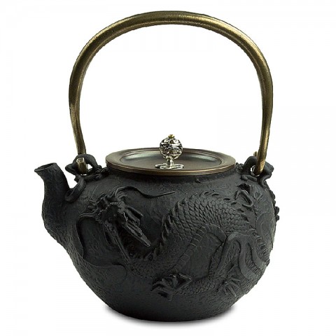 Cast Iron Kettle with Copper Lid, Handle and Silver Knob-High-temperature Oxidation-Dragon-Black