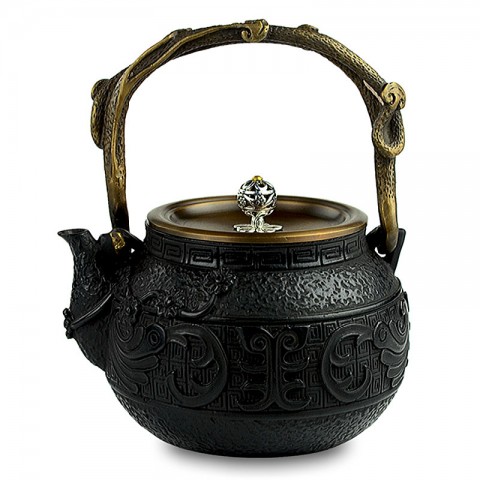 Cast Iron Kettle with Copper Lid, Handle and Silver Knob-High-temperature Oxidation-Phoenix Plume