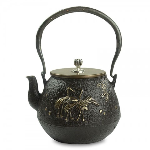 Cast Iron Kettle with Copper Lid, Handle and Silver Knob-High-temperature Oxidation-Red-crowned Crane