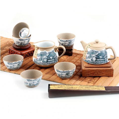 Mr.Zhang-Blue and White Pottery Tea Pot Set-Pavilion Facing the Wind-8 Items/Set