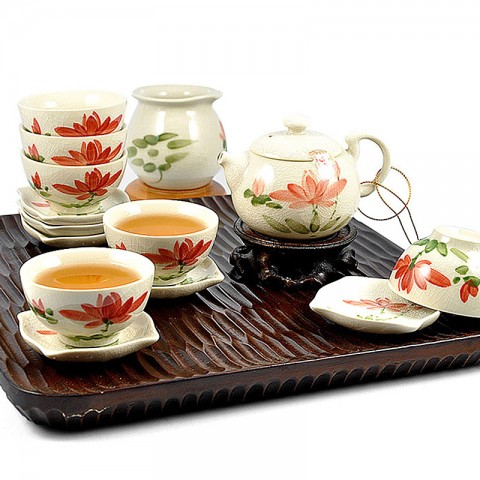 Porcelain Tea Set-Ice-cracked Glaze-Colorful Lotus-14 Items/Set