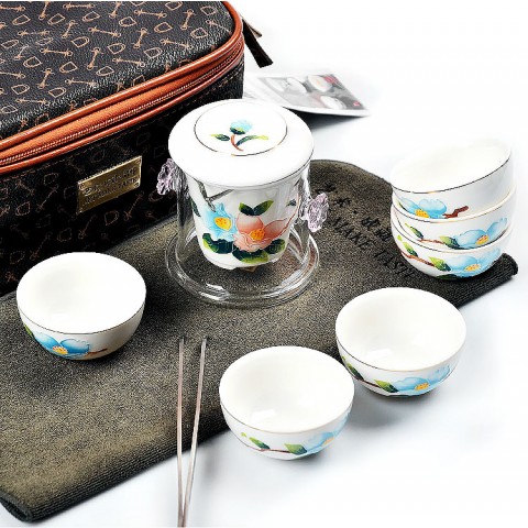 Porcelain and Glass Portable Tea Set-Overglaze Colours-Spring Birds-8 Items/Bag