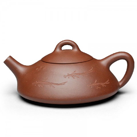Zi Sha-Di Cao Qing Purple Clay Tea Pot-150ML-Stone Gourd Ladle-J-Hand-carved Koi Pond