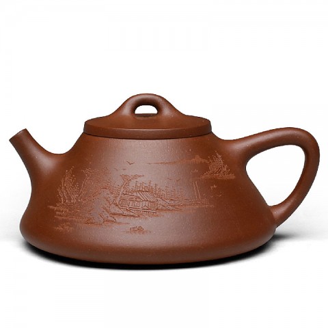 Zi Sha-Di Cao Qing Purple Clay Tea Pot-250ML-Stone Gourd Ladle-K-Hand-carved Fishing Village