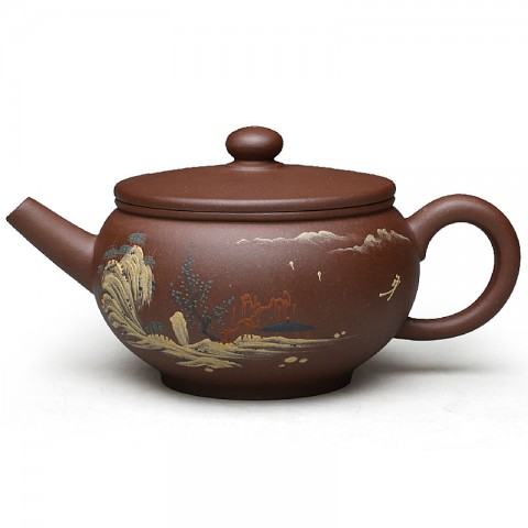 Zi Sha-Purple Clay Tea Pot-250ML-Slip Decoration-Pavilion by the River
