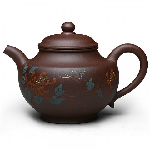 Zi Sha-Purple Clay Tea Pot-300ML-Slip Decoration-Chrysanthemum
