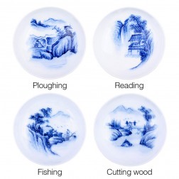 Blue and White Porcelain Cup Set-4PCS-Fishing,Cutting wood,Ploughing and Reading-A