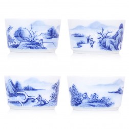 Blue and White Porcelain Cup Set-4PCS-Fishing,Cutting wood,Ploughing and Reading-C