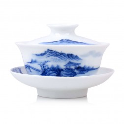 Blue and White Porcelain Gaiwan-Farmhouse under the Tree, Bridge on River and Hills Beyond-Wide