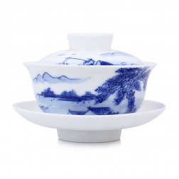 Blue and White Porcelain Gaiwan-Fishing on the River