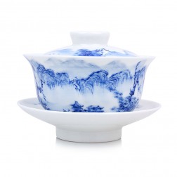 Blue and White Porcelain Gaiwan-High Mountains with Deeply Gorges 