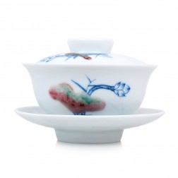 Blue and White Porcelain Gaiwan-Underglaze Red-Ancient Style Lotus