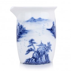 Blue and White Porcelain Serving Pitcher-a Flock of Birds Flying in the River Mist
