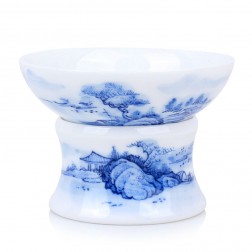 Blue and White Porcelain Tea Strainer-Ancient Temple in the Dense Forests of the High Mountain