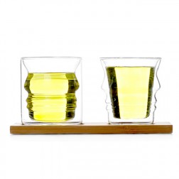Double-wall Glass Cup Set with Bamboo Tray-Lover’s Face