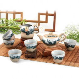 Mr.Zhang-Blue and White Pottery Tea Pot Set-Carp-8 Items/Set