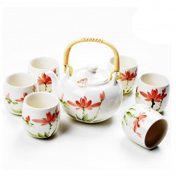 Porcelain Tea Set-Ice-cracked Glaze-Colorful Lotus-7 Items/Set