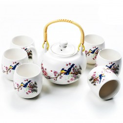 Porcelain Tea Set-Matte Glaze-Magpie on Branch of the Plum-7 Items/Set