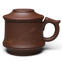 Zi Sha-Purple Clay Mug with Cover and Strainer-Hand-carved Fragrant Grass 