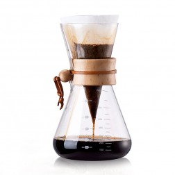 Hour Glass-shaped Glass Coffeemaker with Pine Wood Collar Tie Bead and Leather String